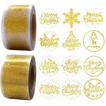 2pcs/Set 500pcs/Roll Christmas Gold Foil Round Stickers Merry Christmas Holiday Gift Sealing Stickers Gold Snowflake & Reindeer Pattern Gift Box Decoration Self-Adhesive Labels Gift Packaging Sealing Stickers - one-size - View 1