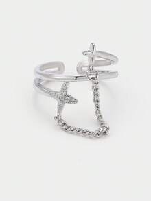 Sorayune 1pc Exclusive Design Luxury Chain Meteor & Double Layer Cross Ring - Silver - View 2