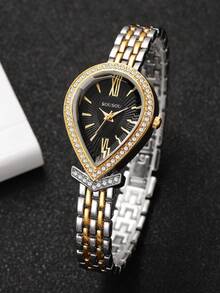 Women's Luxury Rhinestone Teardrop Roman Numeral Dial Quartz Watch, Elegant Two-Tone Alloy Band Wristwatch, Gift For Girlfriend (1pc/Set) Watch Box Not Included - Multicolor - View 6