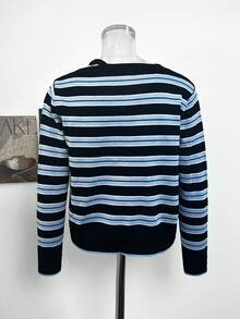 Sweet Cool Spicy Girl Style Asymmetrical Cold Shoulder Spaghetti Strap Patchwork Striped Long Sleeve Cardigan Women Autumn/Winter V-Neck Single-Breasted Contrast Color Knit Top Jacket - Black and Blue Striped Patchwork - View 7