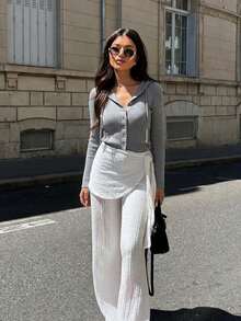 Hooded Ribbed Sweater Cardigan, Button Front, Drawstring Waist, Long Sleeves, Soft Stretch Knit, Grey Casual Fall/Winter Layering Top - Grey - View 5