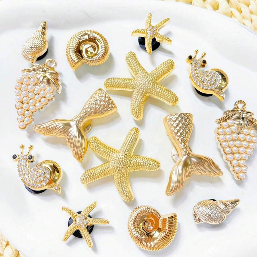 14pcs Gold Shoe Charms (Starfish, Flower, Shell, Bow) Suitable For Perforated Slippers DIY Decoration Accessories, Perfect Matching Item, Best Birthday, Holiday, Party Gift Choice - 14 Gold Pieces - View 1