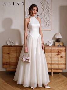 ALIAO Fall Women's Vintage Waist Smocked Halter Dress French Romantic Wedding Banquet Long Maxi Gown Formal - Apricot - View 2