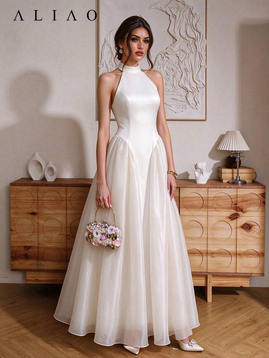 ALIAO Fall Women's Vintage Waist Smocked Halter Dress French Romantic Wedding Banquet Long Maxi Gown Formal