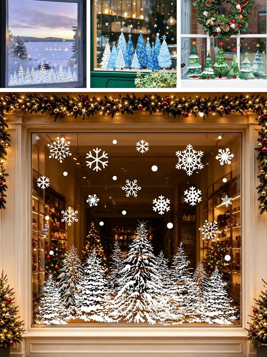 2Pcs/1pc Christmas Static Window Clings,Snowy Pine Forest & Snowflake Window Stickers,Winter Forest Scene Glass Decor,Suitable For Home,Shop - Multicolor - View 1