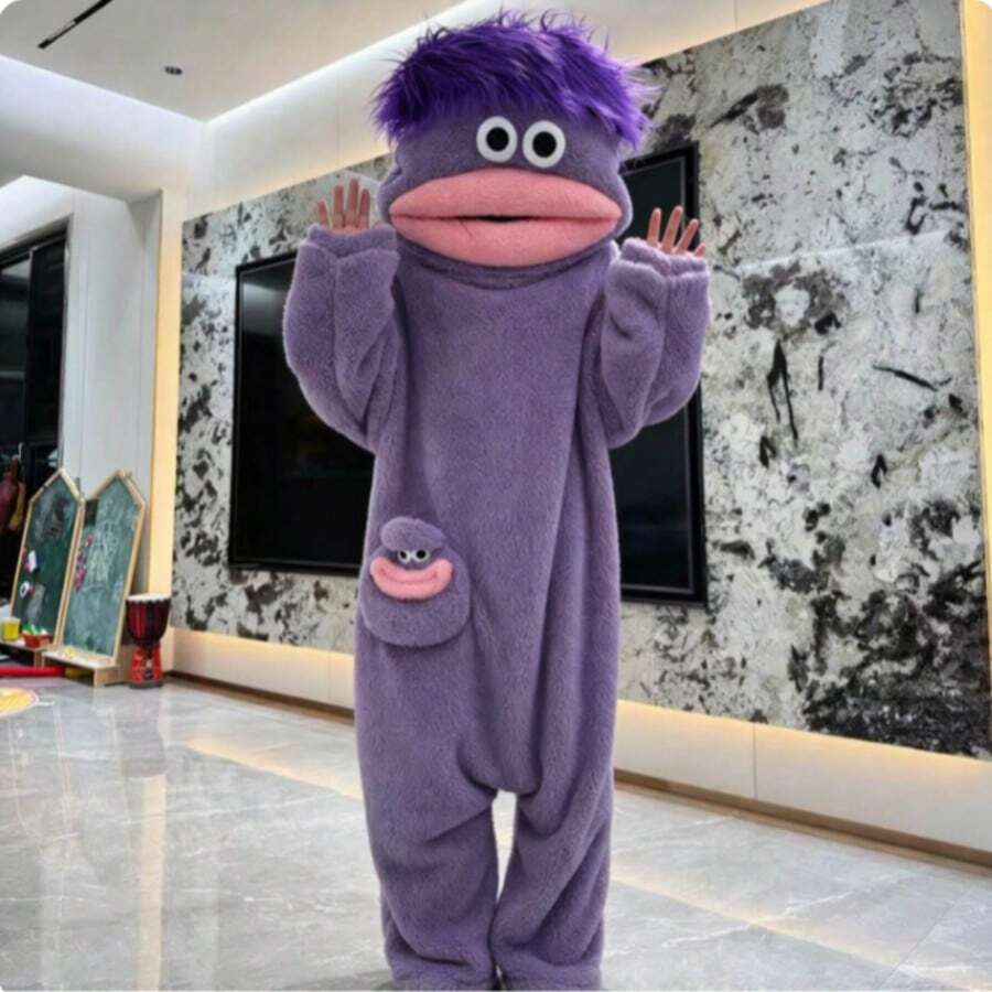 1pc Red Cartoon Monster Plush One-Piece Hooded Pajamas, Blue Hair, Soft Fleece Teenager Loungewear Set