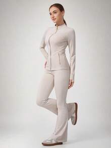 NcmRyu Women's One Set Solid Color Small Stand Collar Side Pocket Zipper Thumbhole Long Sleeve Jacket High Waist Flared Yoga Pants Set - Beige - View 8