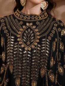 JINLICX Luxury Black Chiffon Kaftan Gold Leaf Sequin & Rhinestone Hand Beaded Cape Maxi Dress, - Black - View 5