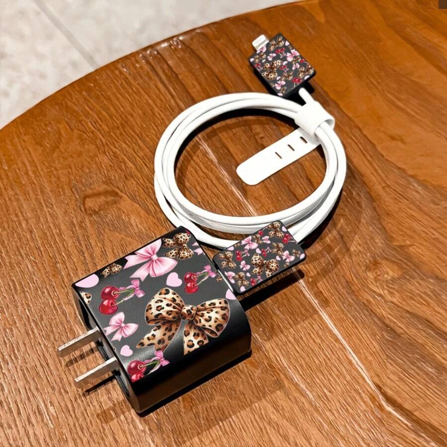 4pcs 2D Flat Design Leopard Bow Phone Charger Protector Set, Charger Head Cover + Cable Protector + Storage Rope, Compatible With IPhone 20W/18W Charger - Multicolor - View 1