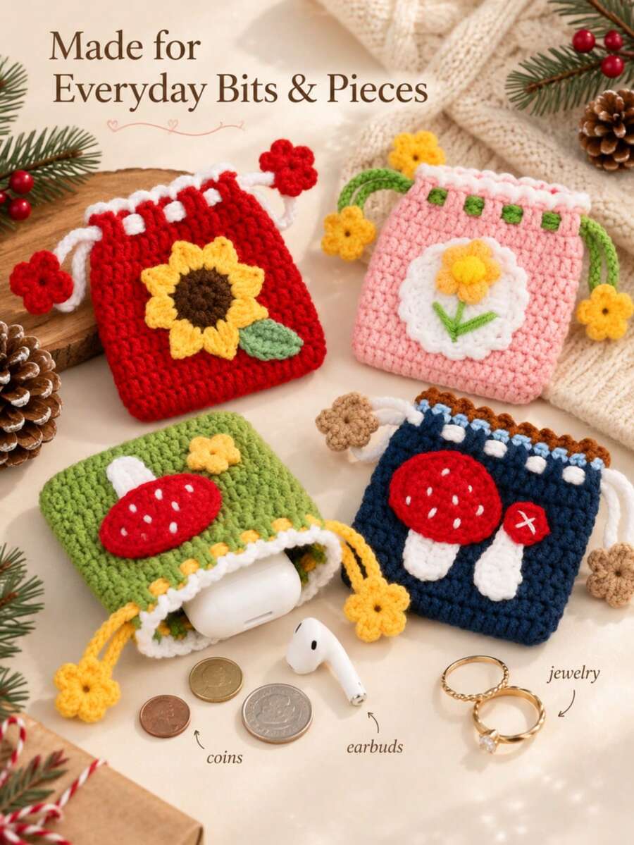 1pc Autumn And Winter Colorful Wool Cute Dopamine Crochet Zero Wallet Storage Bag Card Bag Key Bag Red Bag Perfume Bag Gift For Women Christmas Gift - Multicolor - View 1