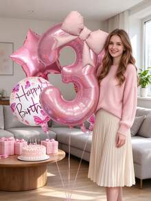 6pcs Pink Number Foil Balloon Set, 32 Inch Mylar Number Balloons With Bow Decoration, Happy Birthday And Star Balloons, Suitable For Girls Birthday, Baby Shower, Anniversary Background Decoration - Number Balloon Set - View 7