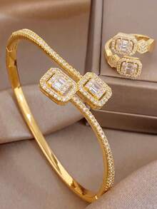 2Pcs Sparkling Geometric Square Baguette CZ Bangle Ring Set, 18K Gold Plated Statement Open Cuff Jewelry For Women Evening Party Wedding - Multicolor - View 8