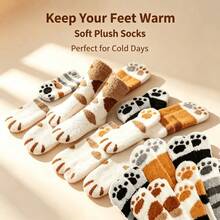 1/3/5/8 Pairs Random Color Plus Size Soft Cat Paw Home Socks, Cute Paw Print Design Highlights Foot Contour, Warm And Sleep-Inducing, Fits Foot Shape; Wear For Warmth While Watching TV At Home, Locks Heat Without Shedding, Thickened Design Anti-Pilling - Multicolor - View 2