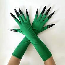 Halloween Witch Green & Black Long Nail Gloves, Performance Witch Costume Claw Gloves - Multicolor - View 1