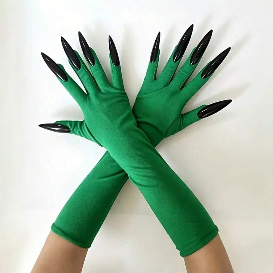 Halloween Witch Green & Black Long Nail Gloves, Performance Witch Costume Claw Gloves - Multicolor - View 1