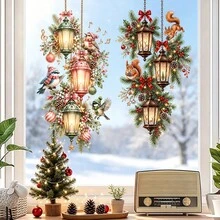 1/4pcChristmas Lantern Window Static Cling, Reusable Glass Static Ornament, Lightweight, For Xmas Indoor Window Decoration, Christmas Floral Lantern With Squirrel Bird Static Window Sticker, Window Decor - Multicolor - View 2