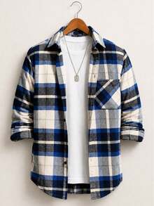Men's Plaid Long Sleeve Shirt - Casual Button-Down Plaid Shirt With Collar - Blue - View 3