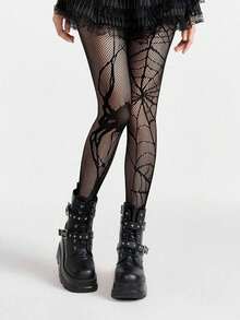 1 Pair Women's Spider Print Fishnet Tights, High Waist Stretch Mesh Stockings, Gothic Y2K Pantyhose For Halloween Costume, Party, Club & Cosplay - Multicolor - View 4