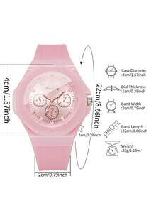 Women's Fashion Octagonal Quartz Watch, Silicone Strap Three-Dial Quartz Wristwatch, Gift For Girlfriend (1pc/Set) Watch Box Not Included - Pink - View 3