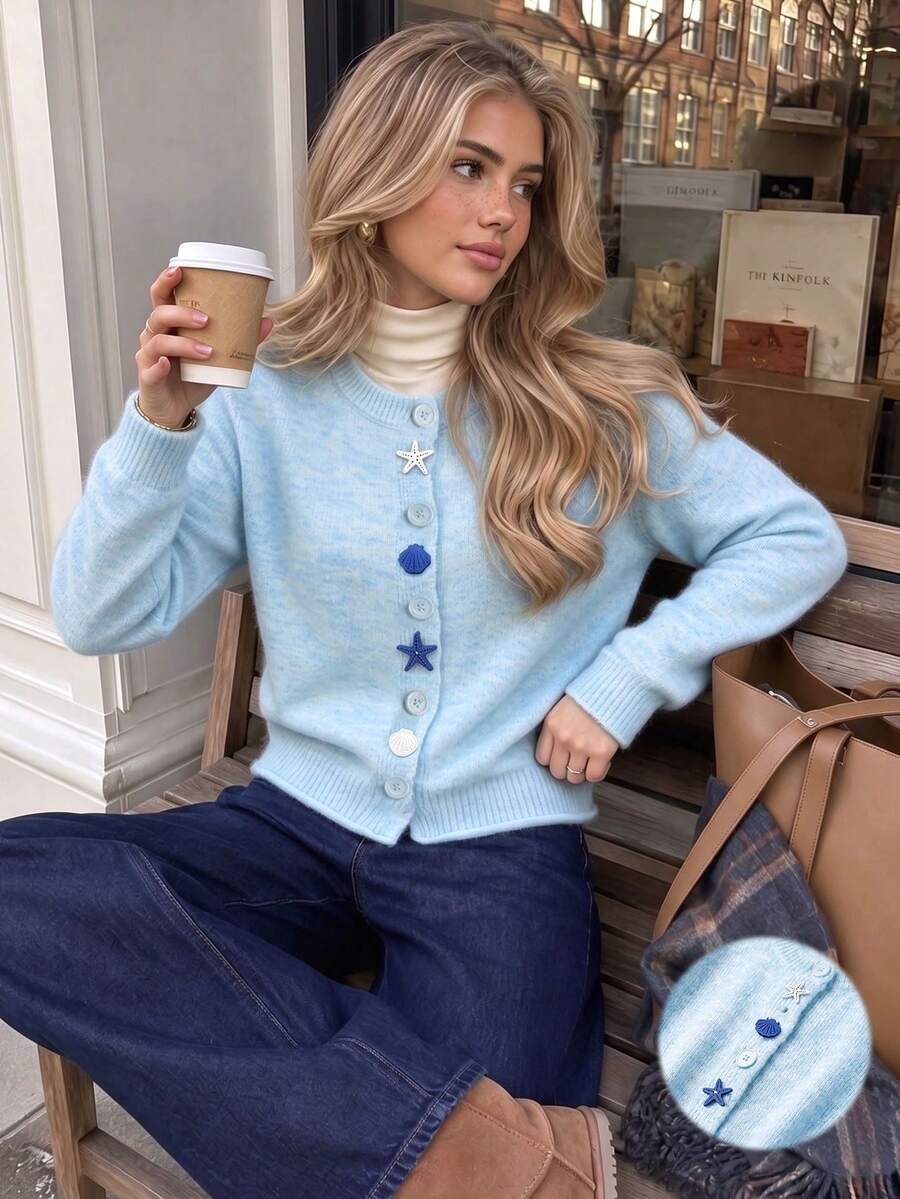 Autumn Outerwear Top, Cute Casual Warm Light Blue Knit CardiganShell And Starfish Button DesignBack To School Daily Date Long Sleeve Crew Neck Sweater - Blue - View 1