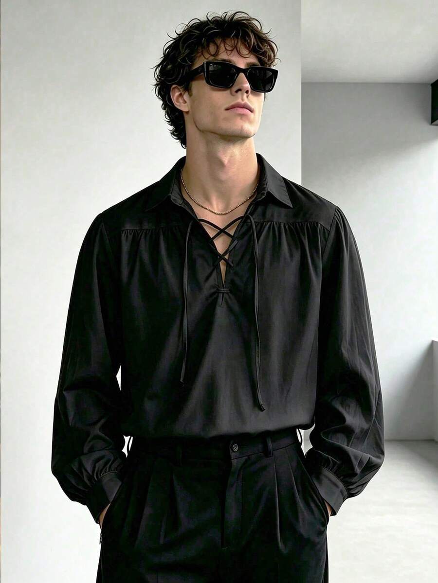 WAIT HIM 男士復古繫帶翻領泡泡袖襯衫,文藝復興風格寬鬆白色休閒上衣,適合 Cosplay 與日常穿著 - 黑色 - 查看 1