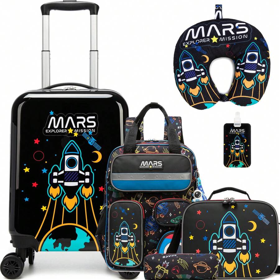 5pcs/Set 16-Inch Kids Luggage Set, Hard Shell Suitcase With Spinner Wheels, Boys Carry-On Luggage, Toddler Travel Trolley Suitcase - 5-piece Luggage Set - View 1