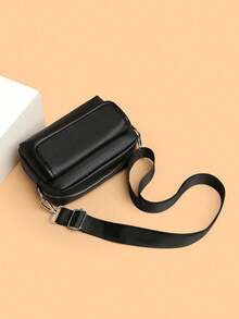 Men's Fashion Flap Small Square Crossbody Bag, Mini Shoulder Bag, Solid Color PU Leather - Black - View 4