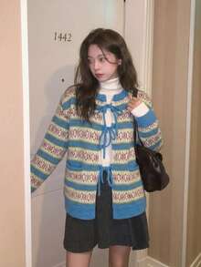 Patterned Tie Front Sweater Cardigan, Crew Neck, Long Sleeves, Front Pockets, Soft Knit, Blue, Cream And Pink, Vintage Fall Layering Style - Multicolor - View 4