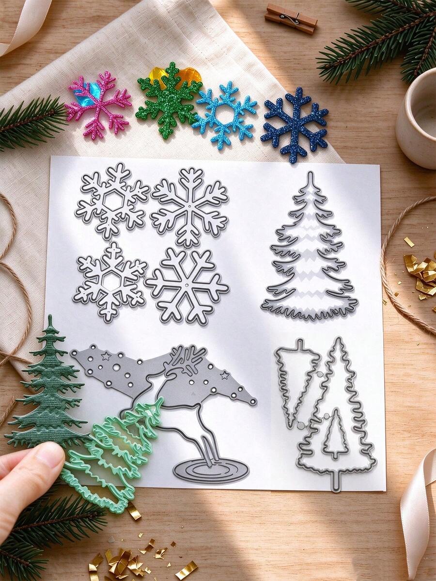 Set Of 4 Christmas Metal Cutting Dies Decorative Embossing Die-Cut For Christmas Trees Snowflake Elk Photo Album Card Making, DIY Handmade Scrapbook Crafts Stencil Supplies - As Shown In the Picture - View 1