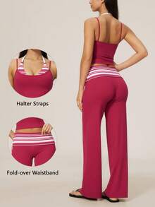 TimeOff Women's One Set Striped 2 In 1 V-Neck Halter Tank Top With Folded Waist Wide Leg Pants Running Sports Outfit - Red Violet - View 11
