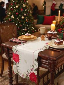 1PC 100% Polyester Christmas Embroidered Poinsettia Table Runner, Scalloped Edge Holly Berry Table Runner, Xmas Holiday Dining Table Decor For Home Party - Multicolor - View 1