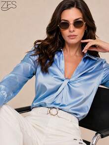 1pc Women's Solid Color Satin Twist Knot Elegant Long Sleeve Blouse, Suitable For Office, Home, Vacation, Dates, Everyday Wear, Spring, Autumn, Summer - Baby Blue - View 1