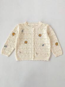 Baby Girls Spring/Autumn New Clothing, Floral Embroidered Pure Cotton Sweater, Girls Versatile Knit Cardigan, Hollow Long Sleeve Jacket - Apricot - View 6