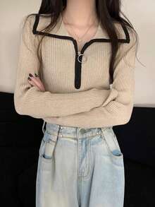 Women's Contrast Color Half-Zip Collar Sweater, Slim Fit Knit Top, Autumn/Winter - Apricot - View 2