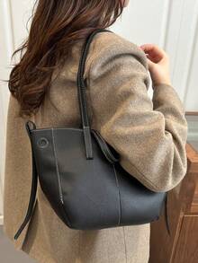 Tote Bag With Delicate Lychee Texture Fabric, Sharp Contrast Stitching Outlining The Silhouette, Enhancing Design Layering. Wide Strap Design For Comfortable Carrying, Spacious Body With Excellent Storage Capacity, Minimalist And Elegant Style, Suitable For Daily Commute, Shopping And Outings, Easily Matched With Various Outfits - Black - View 6