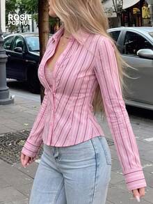 ROSIE POPHUB Women Pink Striped Collar Long Sleeve Front Ruched Slim Fit Waist Cinched Button Down Elegant Office Daily Fall Winter Shirt - Pink - View 3