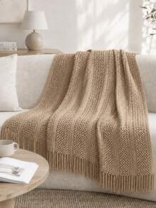 Comfortable Knitted Tassel Throw Blanket - Soft, Lightweight, Ideal For Sofa, Bed And Travel - Beige And Cream Farmhouse Style - Khaki - View 4