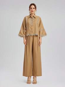 Rich Radi Q's Blouse femme bohème vintage en tissu tissé, col chemise, manches longues évasées en dentelle bicolore, longueur régulière - Jaune moutarde - Voir 4