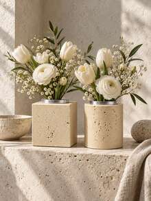 1pc/2Pcs Contemporary Style Assorted Shape Vase Set, Hole Textured & Rim Detail, Floral Display Vase, Desktop Ornament For Apartment, Thanksgiving & New Year Home Styling - Yellow Hole Stone - View 6