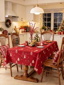 MineLain 1pc Merry Christmas Red Christmas Tablecloth, Cute Christmas Tree Pattern, Rectangular Tablecloth, Coffee Table, Bedside Table, Sideboard, Small Round Table Cover, Desktop Decoration, Holiday Home Decor, Suitable For Kitchen, Dining Room, Bedroom, Living Room, Party, Holiday, New Year Decoration, Christmas Decoration, Christmas Gift - Red - View 2