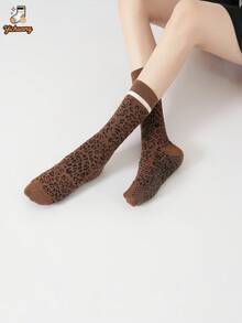 1 Pair New Striped Bow Leopard Print Yoga Socks For Women, Non-Slip Grip Long Tube Socks For Sports, Fitness And Pilates - Brown - View 2