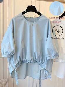Women's Solid Color Round Neck Lantern Sleeve High-Low Hem Casual Shirt, With Adjustable Drawstring Hem, Suitable For Daily Wear, Women's Casual Polyester Top, Regular Length, Round Neck, Short Dolman Sleeve, With Drawstring Detail Summer - Blue - View 2