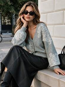 Women Autumn V Neck Lace Embroidery Knit Cardigan Balloon Sleeve Grey Loose Knit Tops Fashion Daily Holiday Outfits Fall Clothes - Grey - View 8
