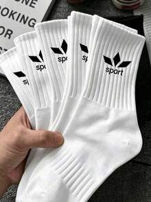 1/5 Pairs Unisex White Solid Color Sports Socks, Comfortable Breathable Sweat-Absorbing Mid-Calf Socks, Couple Socks, Autumn/Winter Socks, Suitable For Daily Wear, Sports, Back To School, All Seasons - White - View 1