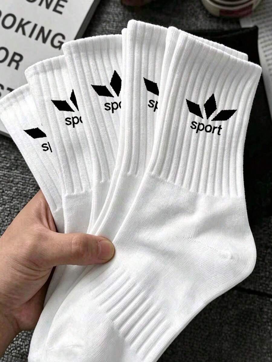 1/5 Pairs Unisex White Solid Color Sports Socks, Comfortable Breathable Sweat-Absorbing Mid-Calf Socks, Couple Socks, Autumn/Winter Socks, Suitable For Daily Wear, Sports, Back To School, All Seasons - White - View 1