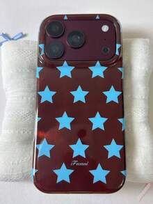 1pc Glossy Burgundy Phone Case With Blue Star Pattern, Full Lens Drop & Scratch Resistant Protective Cover, For Daily Commute & Outdoor Use, Perfect Birthday & Holiday Gift, Compatible With IPhone11 12 13 14 15 16 17 18 Pro Max - Multicolor - View 3