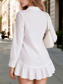 Women's Button-Front Shirt Dress, Long Sleeve, Ruffle Hem, Loose Casual Lapel Top, White - White - View 2