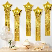6pcs Gold Five-Pointed Star Foil Curtain Ribbon Balloon Set, Suitable For Birthday Party Decoration, Theme Party Setup, Bachelor Party Decoration, Wedding Decor, Birthday Atmosphere Photo Props - Gold - View 3