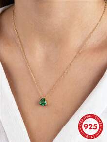 1pc S925 Sterling Silver Emerald Green Cubic Zirconia Mini Triangle Necklace, Minimalist Cold Style, Low-Key Elegant, Light Luxury, Classic Elegant, Niche Exquisite Personalized Jewelry, Suitable For Holiday, Party, Gift, Daily, Casual, Commute, Vacation - Triangle - View 9