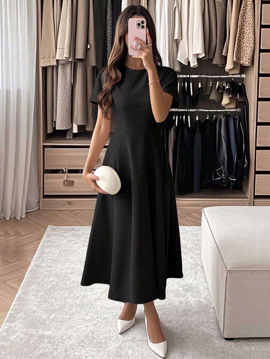 Gaun Maxi Elegan Wanita PoPoHouse, Lengan Pendek, Leher Bulat, Cocok untuk Pesta, Perjalanan, Liburan, Hitam Musim Panas - Hitam - View 1